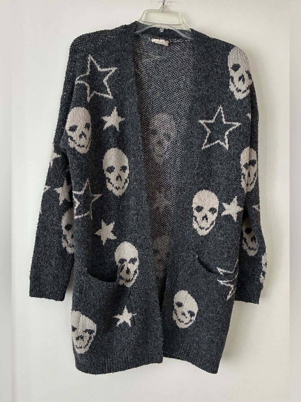 Hippie Rose Cardigan, Sz. M, Gray w/ Skulls & Stars, Open Front, Front Pockets